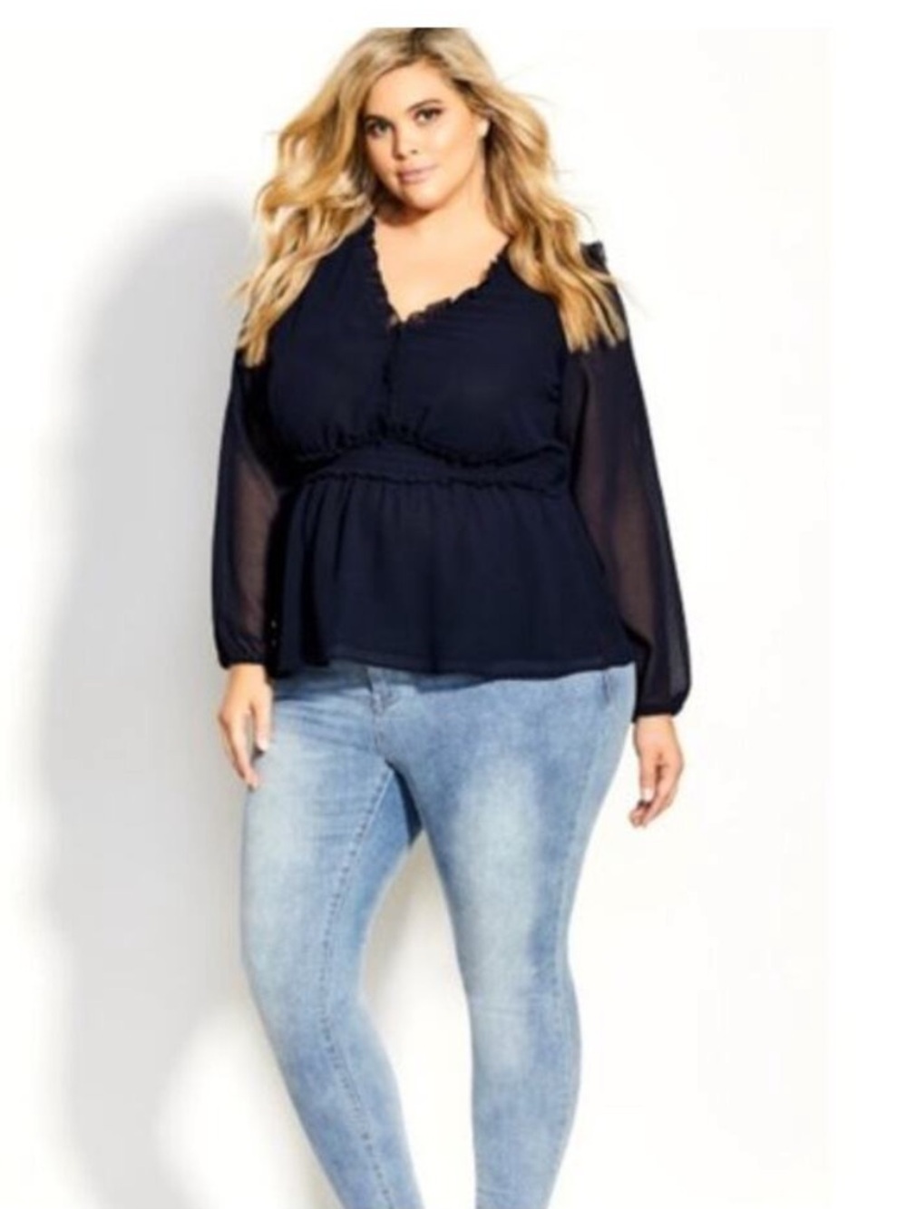 NWOT City Chic Ruffled Peplum Top, Size XS/14, Navy Blue